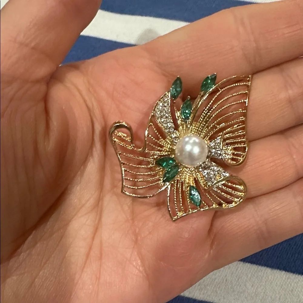 Gold-tone Floral Pearl Brooch with Green Accents - Women Jewelry